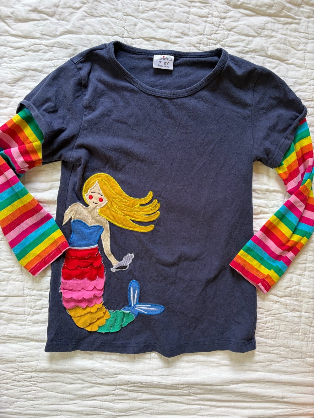 Kids Navy Mermaid Layered shirt with Rainbow Sleeves